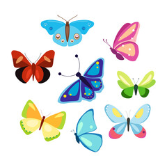 Obraz na płótnie Canvas A set of colorful butterflies in a cartoon style. A collection of patterned winged vector insects.