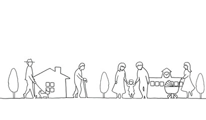 街並みと人々の線画イラスト　モノクロ