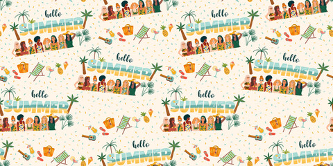 Obraz premium Vector seamless pattern with women in swimsuit on tropical beach. Summer holliday, vacation, travel