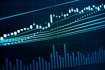 Charts of stock market instruments with various type of indicators and volume analysis for professional technical analysis on the monitor of a computer. Fundamental and technical analysis concept.	