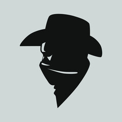 Cowboy masked outlaw symbol side view on gray backdrop. Design element
