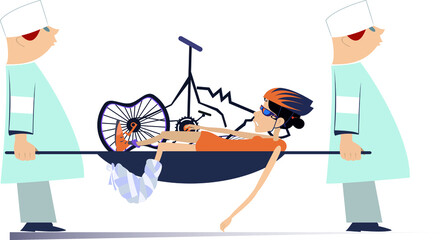 Injured cyclist woman, broken bike and two doctors illustration. 
Two aid-men carry injured cyclist woman with bandage on leg and broken bike in a stretcher isolated on white
