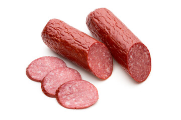Salami smoked sausage, basil leaves on white background cutout.