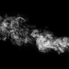 Horizontal curly white steam, fog or smoke isolated with transparent special effect on black background, square
