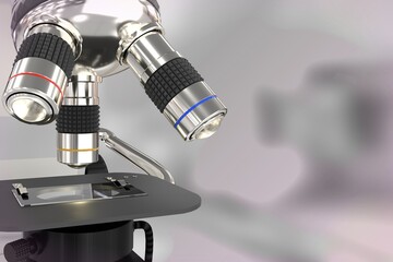 biotechnology discovery concept, object 3D illustration -  laboratory electronic scientific microscope on bokeh background