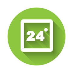 White Thermostat icon isolated with long shadow. Temperature control. Green circle button. Vector