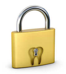 Engraved teeth shape on a golden lock. Safety concept. 3d illustration.