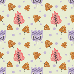 Cute pink and violet trees seamless pattern with purple dot soft color background