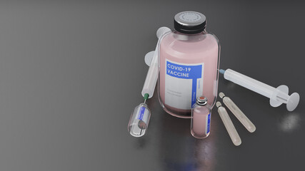 A bottle of Covid-19 coronavirus vaccine in a research medical lab. 3D illustration.