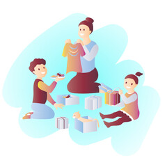 Mother with children unpacking boxes of clothes. Vector illustration on the topic of online shopping.