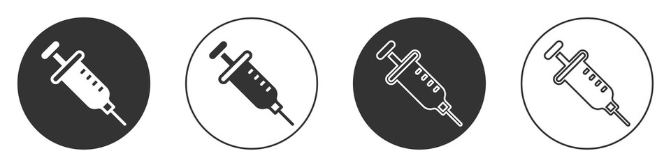 Black Syringe icon isolated on white background. Syringe for vaccine, vaccination, injection, flu shot. Medical equipment. Circle button. Vector