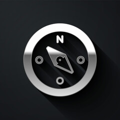 Silver Compass icon isolated on black background. Windrose navigation symbol. Wind rose sign. Long shadow style. Vector