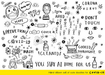 Vector illustration fight covid-19 corona virus, prevention washing hands vector illustration, Survived Virus Protection Cartoon, Doodle cute for covid-19,How to wear a covering and inhibit covid-19.