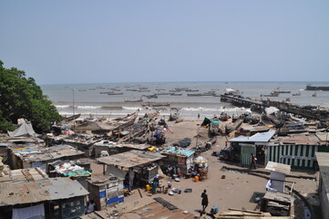 Small houses and huts on the coast of Accra, Ghana.