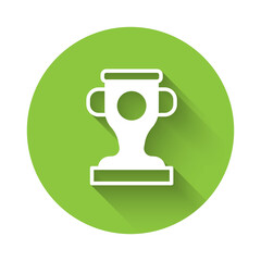 White Award cup icon isolated with long shadow. Winner trophy symbol. Championship or competition trophy. Sports achievement sign. Green circle button. Vector