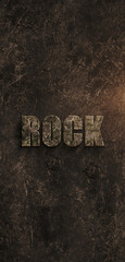 Rock word on a rocky brown texture background for poster, mockup wallpaper, banner, flyer, with space. 3d illustration. Vertical.