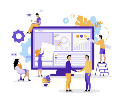 Web development team flat concept vector illustration. Designers, project managers 2D cartoon characters for web design. Supporting product quality. Creating webpages with HTML creative idea