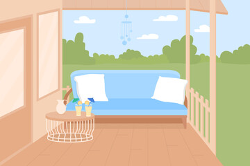 Backyard terrace flat color vector illustration. Private oasis for warm summer days. Comfortable area outside building. Summer-ready outdoor space 2D cartoon patio with green landscape on background