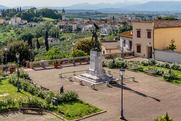 Aerial view of the Piazza Vittorio Emanuele II square in the historic center of Cerreto Guidi, Florence, Italy