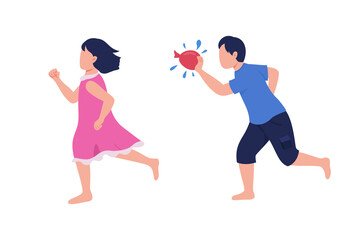 Summer activity for sibling bonding flat color vector faceless characters. Playing together on backyard with water balloons isolated cartoon illustration for web graphic design and animation