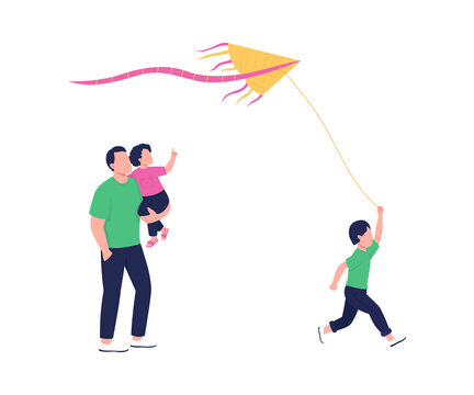 Spending summer time outdoor with family flat color vector faceless characters. All-ages fun hobby. Running flying kite isolated cartoon illustration for web graphic design and animation
