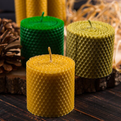 Colored, unusual handmade candles, an element of the interior.