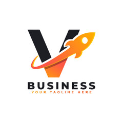 Letter V with Rocket Up and Swoosh Logo Design. Creative Letter Mark Suitable for Company Brand Identity, Travel, Start up, Logistic, Business Logo Template