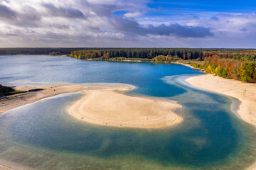 Aerial view of lakes in autumnal forest
