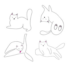 set of linear minimalistic vector illustrations of funny cats in different poses