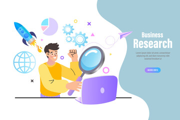 A happy man uses a laptop and magnifying glass for business research. He analyzes data, represented by charts, gears, and a rocket launch icon, symbolizing market analysis and growth strategy.