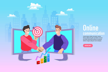 man and woman in video conference with colleagues. Teleconference for work from home concept. Videoconferencing and online meeting workspace.