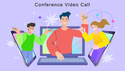 A team of colleagues has a conference video call, connecting from laptops and mobile smartphones. People emerging from screens illustrate a dynamic online meeting and cross-platform collaboration. 