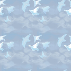 Seamless pattern, flock of birds in the clouds. Digital drawing, paper texture, imitation of watercolor.