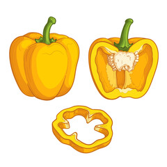 Yellow pepper, half a pepper and a slice, isolated on a white background. Vector illustration of vegetables in cartoon style.