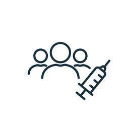 Vaccine Trials thin line icon. Group of People and Syringe. Testing Medical Vaccination. Time to vaccinate concept. Syringe simple thin line icon. Editable stroke. Vector illustration