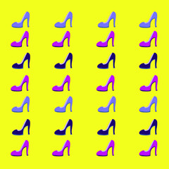 Obraz premium Set of women's fashionable beautiful high-heeled shoes. A repeating graphic design with multicolored shoes on a yellow background. Can be used as a template for creating trendy shoes, packaging, print