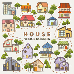 Colorful cute cartoon houses and trees doodles set with soft color background and text