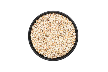 Jobâ€™s tears beans in the white background isolated with clipping path. Seed dry food set in the bowl food agriculture canned with top view macro natural vegetable and grains healthy uncooked raw.