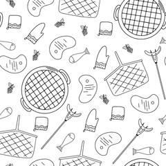 Vector seamless pattern of barbecue, barbecue, grill. Picnic in flat cartoon style. Collection of barbecue tools for cafe © Katisko