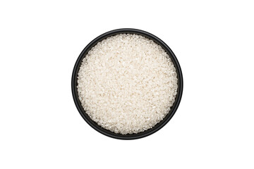 Thai Jasmine rice in white background with clipping path. Top view white rice in bowl food cooked of isolated and grain white plant. Uncooked wheat harvest and cereal cooking of jasmine nature.