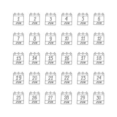 June month calendar set page hand drawn in doodle style. minimalism monochrome scandinavian nordic liner. planning, business, date, day. collection icon, print