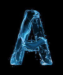 Latin letter A made of water splashes on a black background