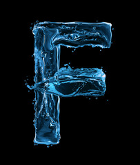 Latin letter F made of water splashes on a black background