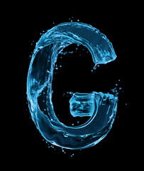 Latin letter G made of water splashes on a black background