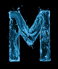 Latin letter M made of water splashes on a black background