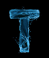 Latin letter T made of water splashes on a black background