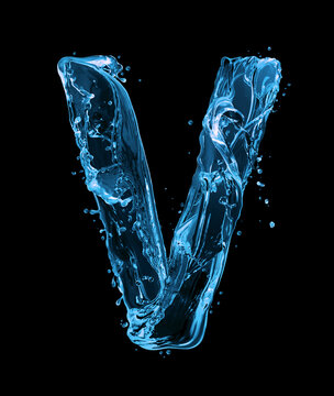 Latin letter V made of water splashes on a black background