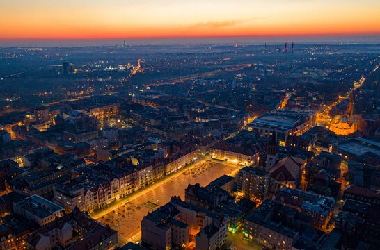 Aerial drone view on Bytom town square at evening. Silesia, Poland