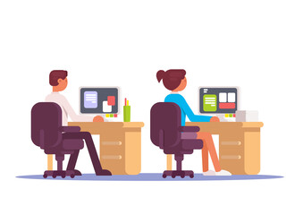 Business team sitting at desks and working on computer. Flat style vector illustration.