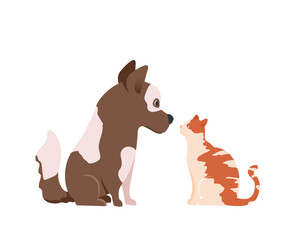 Cat and dog look at each other. Friendship or confrontation pet icon. Vector illustration